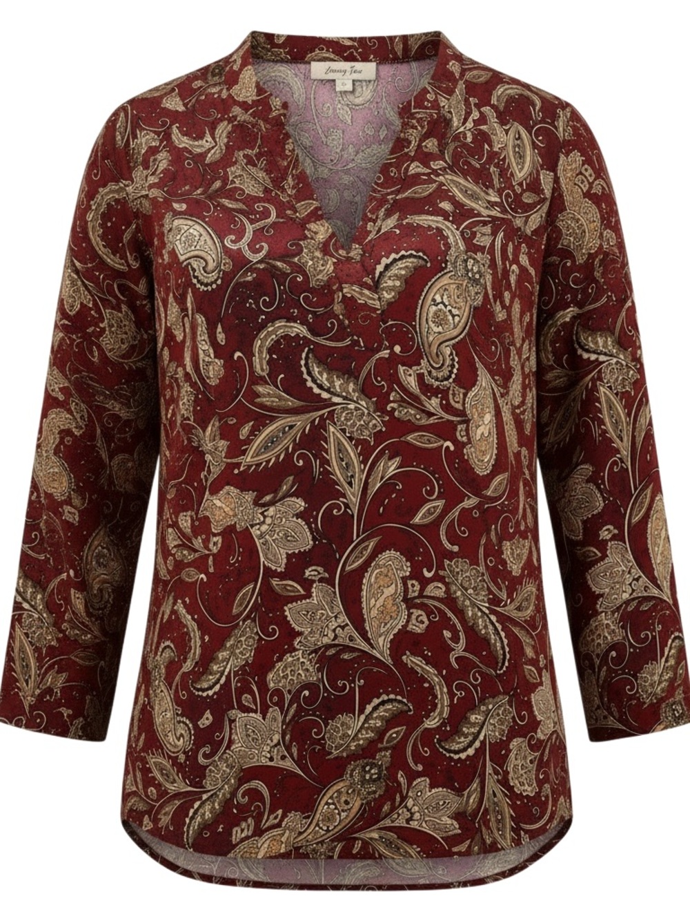 Luxurious Paisley V-Neck Blouse in Burgundy by